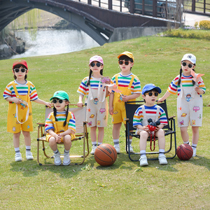 男女童夏季姐弟装条纹背带裤套装彩虹多巴胺六一儿童节演出服童装