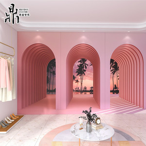 3d立体延伸视觉空间墙纸粉色拱门造型服装店网红直播间背景墙壁纸