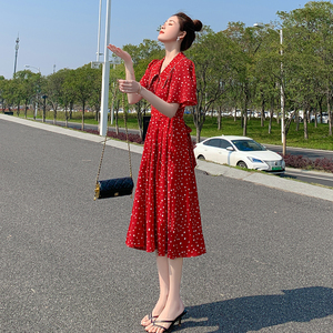 连衣裙夏季女2024新款时尚大翻领红色圆点系带显瘦高级感雪纺长裙