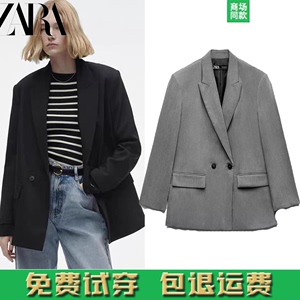 ZARA KISS 女装 宽松双排扣西装外套黑色西服02753432800 2753432