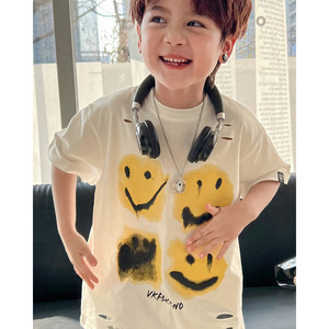 夏装中小男儿童装白色破洞潮酷笑脸英文字母印花短袖T恤韩版潮牌
