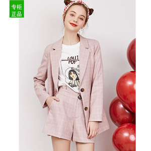 拉夏贝尔2019春装新款韩版格子西装外套短裤两件套装女60007803