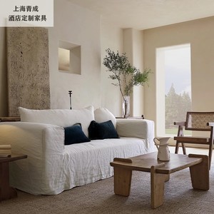 日式侘寂风格亚麻布艺三人位沙发可拆洗米色布北欧酒店民宿家具