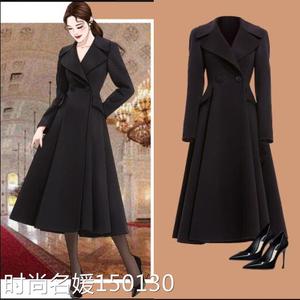 香港安娜同款黑色修身羊毛呢料大衣女设计感高级赫本风毛呢外套款