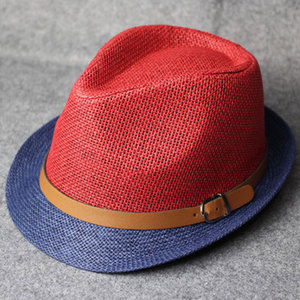 草编礼帽男女爵士帽沙滩遮阳帽中老年广场水兵舞红色皮边礼帽子