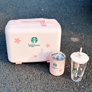 随享星巴克新品粉色樱花行李箱猫爪杯吸管玻璃杯咖啡水杯少女可爱