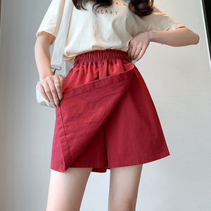 酒红色高腰短裙女夏季薄款小个子宽松显瘦a字休闲五分裤运动裙裤