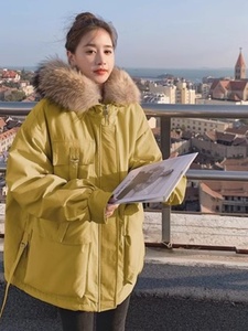 工装派克服棉衣女姜黄色2023年冬季新款连帽加绒加厚短款棉袄外套