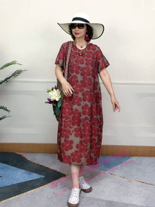 红花V领天丝棉麻连衣裙女夏季中年妈妈短袖优雅气质减龄休闲长裙