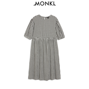 全新包邮 MONKI 新款圆领可爱泡泡袖五分袖宽松格子连衣裙