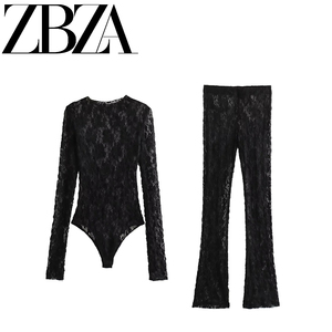 ZAR 新款 女装 欧美风法式修身蕾丝连体衣开叉设计打底裤 021916