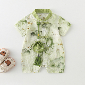 婴儿衣服夏季薄款中国风哈衣龙宝宝中式立领连体衣周岁洋气外出服