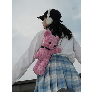 粉色豹纹口罩小熊包包小众设计师可爱毛绒lolita儿童网红斜挎胸包