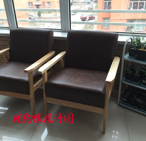 北欧复古实木扶手布艺沙发椅咖啡馆餐厅沙发椅单人双人皮艺沙发