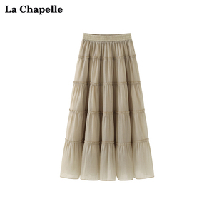 拉夏贝尔/La Chapelle松紧腰花边雪纺长款半身裙女气质拼接蛋糕裙