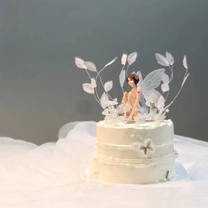 生日蛋糕装饰花仙子摆件3个装 精灵少女翅膀烘焙羽毛花环珍珠羽毛