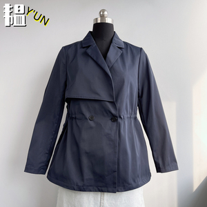韫YUN2023秋季新品女装西装领韩版中款外套收腰显瘦双排扣短风衣