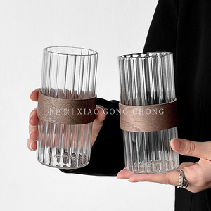高颜值挂耳咖啡杯冰美式拿铁杯家用竖纹玻璃杯隔热泡茶杯喝水杯子