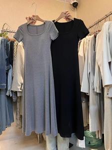 韩国东大门2024夏季新款时尚方领短袖纯色气质中长款打底连衣裙女