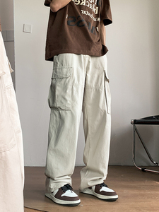 美式街头大口袋工装裤子男生秋季潮牌ins纯色直通显瘦hiphop裤子