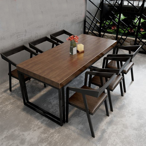 工业风原木复古酒吧烧烤店火锅餐厅实木餐桌长方形咖啡厅桌椅组合