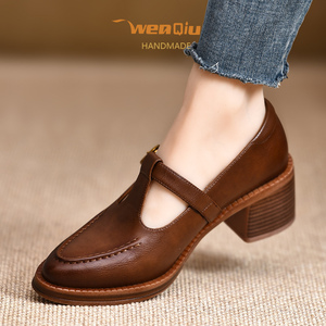 WENQIU~全牛皮复古小皮鞋粗跟尖头T型丁字女鞋2024新款中跟高跟鞋