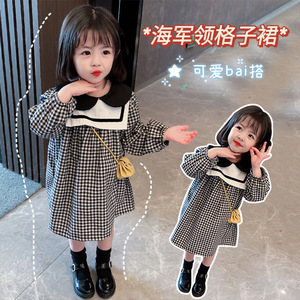 2024年新款韩版儿童棉布格子连衣裙春秋款女童海军领千鸟格娃娃衫