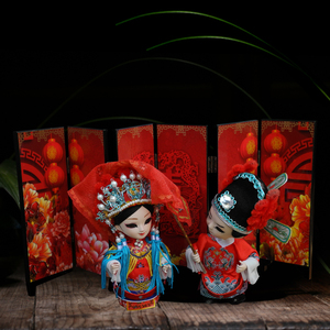 中国风京剧脸谱唐人娃娃绢人偶婚庆摆件三件套北京故宫纪念礼物品