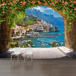 3d立体视觉延伸空间壁纸欧式鲜花风景墙纸咖啡厅背景墙装饰壁画