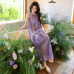 法式紫色无袖背心中长款亚麻度假慵懒风宽松显瘦气质夏季连衣裙女