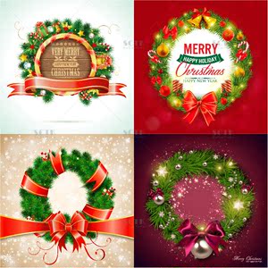 【圣诞物品】039圣诞节花环海报设计素材 蝴蝶结彩带松叶捆绑圆环