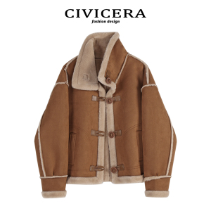 CIVICERA皮毛一体短外套女新款冬季加厚羊羔毛棉服毛毛绒机车夹克