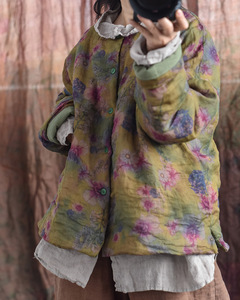 原创设计自制苎麻印花大码女装宽松文艺复古棉衣 国风中长款棉服