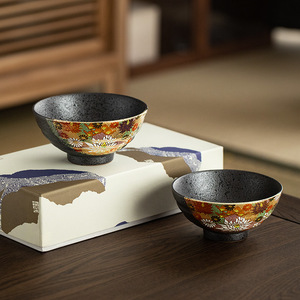 日本进口九谷烧金色花海陶瓷饭碗日式家用情侣套碗花诘彩绘餐具
