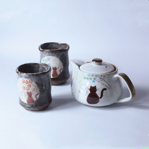 日本进口九谷烧陶瓷茶壶茶杯情侣猫咪复古茶具礼盒日式水杯泡茶壶