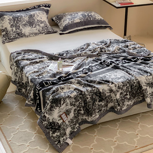 秋冬法式复古水墨画牛奶绒毛毯床单珊瑚绒毯子午睡办公室沙发盖毯