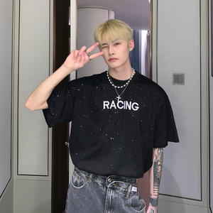 cuibuju满天星亮片设计感字母刺绣短袖T恤男夏季韩版网红半袖潮流