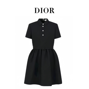 Dior/迪奥 24新款法式高级感赫本风CD珍珠纽扣短袖衬衫式连衣裙女