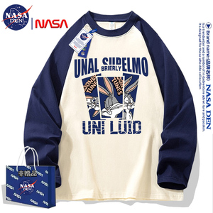 NASA联名纯棉拼色插肩长袖t恤男女秋季新款韩版设计感小众上衣潮