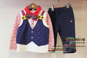 幼小童韩版儿童装男童领结T恤裤子套装假马甲衬衫上衣长裤两件套