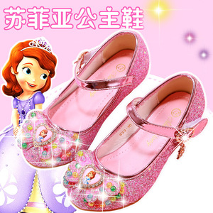 女童皮鞋2024夏季新款索菲亚公主鞋小孩高跟水晶鞋防滑底卡通凉鞋