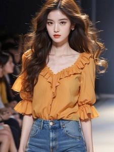 奥特莱斯品牌折扣外贸原单上衣夏季方领荷叶边橙色短袖衬衫女小衫