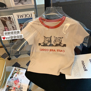 国际品牌专柜撤回女装外贸大牌尾单韩版chic可爱猫咪印花短袖t恤