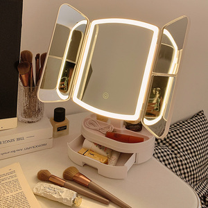 贝壳led化妆镜带灯收纳盒一体台式桌面梳妆台网红可放大家用镜子