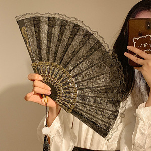 新中式古风黑色蕾丝折叠扇子中国风汉服旗袍马面裙折扇女拍照道具
