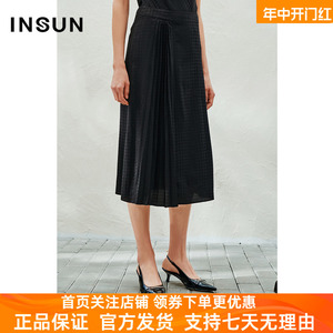 INSUN恩裳线上专选夏装千鸟格提花右侧压褶垂感A型半身裙9C63250