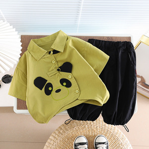 婴儿衣服夏季中国风熊猫衬衣分体套装一岁男宝宝休闲帅气炸街童装