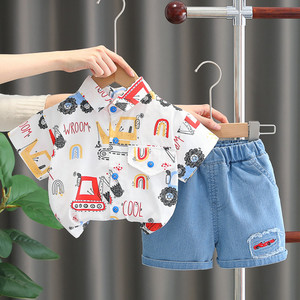 婴儿衣服夏季韩版卡通挖机时尚衬衣短袖套装一岁男宝宝炸街童装潮