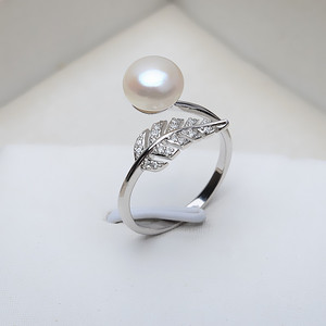 s925纯银天然淡水真珍珠羽毛树叶造型戒指活口开口可调节大小指环
