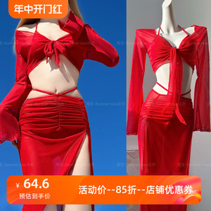 Summer红色长裙比基尼四件套性感欧美显白遮肚显瘦度假分体泳衣女
